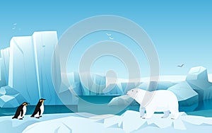 Cartoon nature winter arctic ice landscape with iceberg, snow mountains hills. White Bear and penguins. Vector game