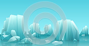 Cartoon nature winter arctic ice landscape with iceberg, snow mountains rocks hills. Vector game style illustration.
