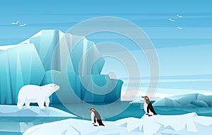 Cartoon nature winter arctic landscape with ice mountains. White Bear and penguins. Vector game style illustration. photo