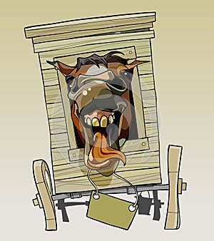 Cartoon neighing horse sitting in a wooden cart