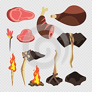 Cartoon neolithic set tools and weapons