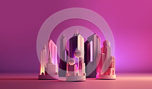 Cartoon neon city. AI Generated banner on pink background