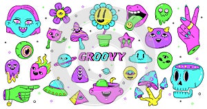 Cartoon neon psychedelic stickers, abstract hipster retro emojis. Hippy stickers with mushrooms, scull and flowers