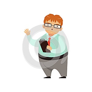 Cartoon nerd character standing with paper tablet in hand. Fat man in glasses, blue shirt, gray pants and red tie. Smart