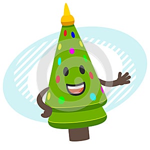 Cartoon New Year or Christmas Tree Character explaining and pointing somewhere with his hand