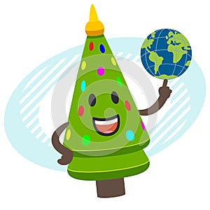 Cartoon New Year or Christmas Tree Character holding a planet on his index finger