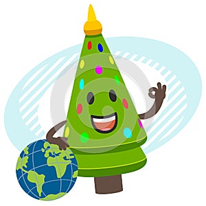 Cartoon New Year or Christmas Tree Character leaning on the planet