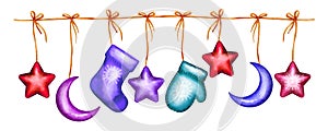 Cartoon New Year garland, mittens, socks, stars moon hand-painted watercolor New Year illustration