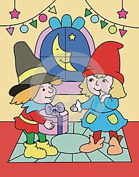 Cartoon New Year\'s gnomes at Christmas with gifts