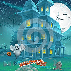 Cartoon night a mysterious haunted house in the moonlight