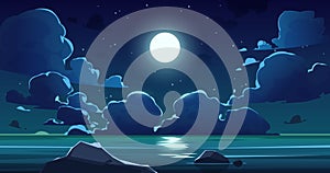 Cartoon night sea sky. Midnight sky with moon, blue moonlight and stars, magic evening seascape of ocean shore and