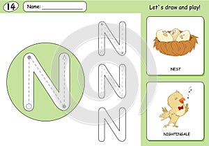 Cartoon nightingale and nest. Alphabet tracing worksheet
