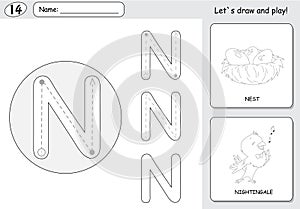 Cartoon nightingale and nest. Alphabet tracing worksheet: writing A-Z and educational game for kids