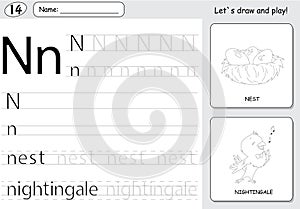 Cartoon nightingale and nest. Alphabet tracing worksheet: writing A-Z and educational game for kids