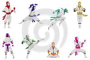 Cartoon ninja. Japanese warrior. Fighters kicks and punches. Different martial actions. White costume with mask. Shinobi photo