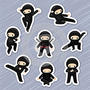 Cartoon ninja shinobi in various poses sticker pack. Vector illustration photo