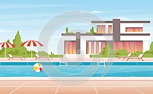 Cartoon no people luxury spa poolside with umbrella, lounge and modern mansion villa or tropical resort hotel building