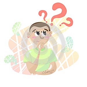 Cartoon nonconformist woman confused with three question marks isolated photo