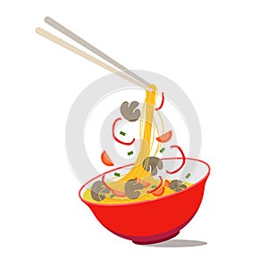 Cartoon Noodle Soup in Chinese Bowl. Vector