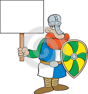 Cartoon Norman knight holding a shield and a large sign.
