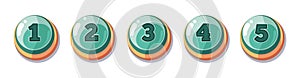 Cartoon number buttons. Glossy gaming button, numbering from one to five. Isolated game vector elements for user