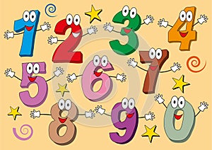 Cartoon numbers 0 to 9 icons made as human figures with big eyes and hands. Hand drawn isolated set illustrations