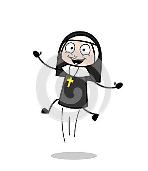 Cartoon Nun Jumping in Excitement Vector
