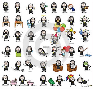 Cartoon Nun Lady - Set of Concepts Vector illustrations