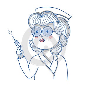 Cartoon nurse with a prick in her hand, vector illustration