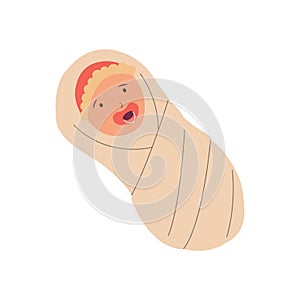 Cartoon nursing baby with pacifier. Cute swaddled newborn toddler. Isolated little child with dummy and diaper. Infant
