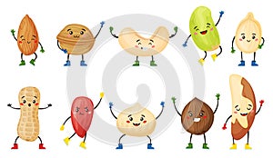 Cartoon nut and seed characters with cute smiling faces. Almond, coconut, walnut, peanut character, funny nuts and seeds