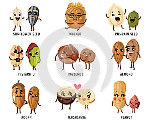 Cartoon nuts. Smiling funny characters with faces nut pecan and almond, macadamia and pistachios, peanut. Hazelnut