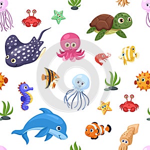 Cartoon ocean animal seamless pattern. Fun animals, tropical sea wildlife characters. Cute turtle, starfish and dolphin