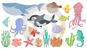 Cartoon ocean animals. Funny blue whale, cute hedgehog fish and orca. Octopus, squid and seahorse. Underwater sea life