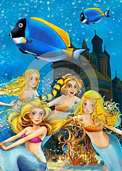 Cartoon ocean and the mermaid in underwater kingdom swimming with fishes - illustration