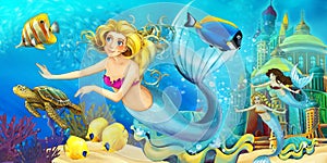 Cartoon ocean and the mermaid in underwater kingdom swimming with fishes - illustration