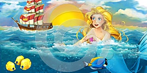 Cartoon ocean and the mermaid in underwater kingdom swimming with fishes - illustration