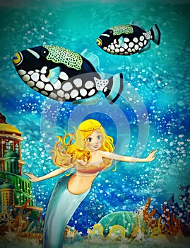 Cartoon ocean and the mermaid in underwater kingdom swimming with fishes - illustration