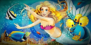 Cartoon ocean and the mermaid in underwater kingdom swimming with fishes - illustration