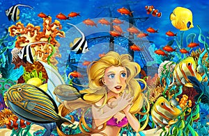 Cartoon ocean and the mermaid in underwater kingdom swimming with fishes - illustration for children