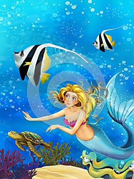 Cartoon ocean and the mermaid in underwater kingdom swimming with fishes - illustration for children