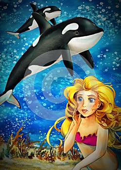 Cartoon ocean and the mermaid in underwater kingdom swimming with fishes - illustration for children