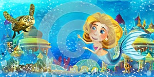 Cartoon ocean and the mermaid in underwater kingdom swimming and having fun - illustration