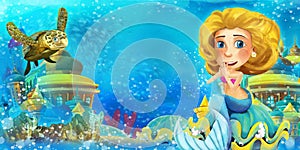 Cartoon ocean and the mermaid in underwater kingdom swimming and having fun - illustration