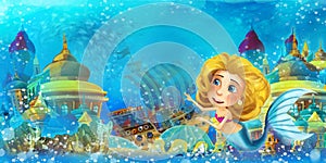 Cartoon ocean and the mermaid in underwater kingdom swimming and having fun - illustration