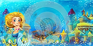 Cartoon ocean and the mermaid in underwater kingdom swimming and having fun - illustration