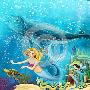 Cartoon ocean and the mermaid in underwater kingdom swimming with whales