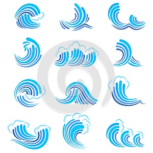 Cartoon Ocean or Sea Blue Waves Set. Vector