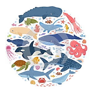 Cartoon ocean underwater animals, seahorse, medusa, whale and fish. Ocean wild life, sea animals round composition vector concept