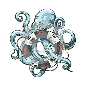 Cartoon octopus with life buoy